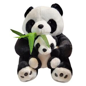 Panda Bear Plush Stuffed Animal 12" Holding Baby with Bamboo Plushy Stuffy